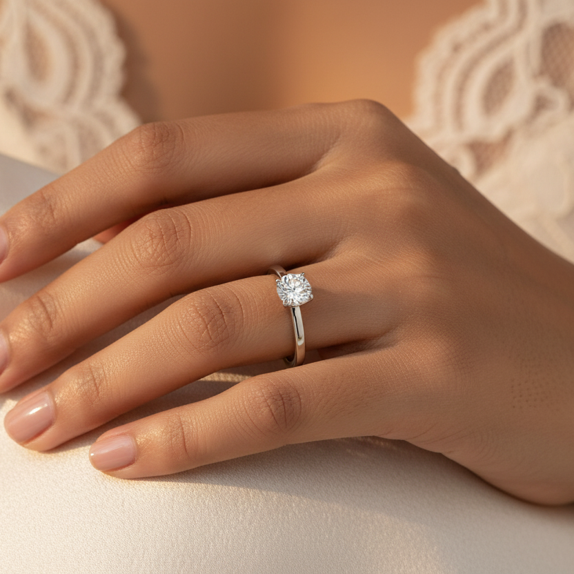 Generated fresh lifestyle variation - Indian female model wearing the white gold four-claw round brilliant diamond solitaire with bold flat-sided comfort-fit shank, warm natural window light on ivory background with relaxed intimate hand pose