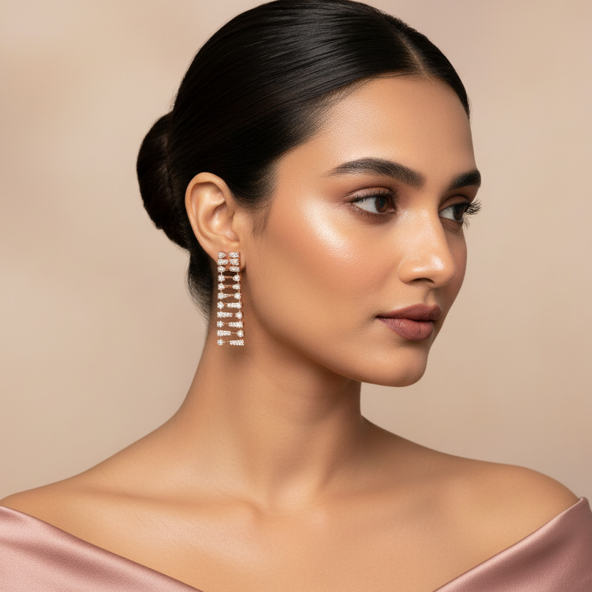 Generated fresh variation - Indian female model wearing the rose gold diamond ladder spine drop earrings in very small size, three-quarter side angle warm rose backlit lighting on champagne background with blush silk styling