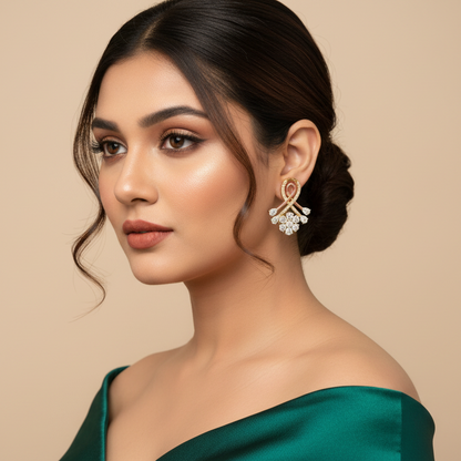 Generated fresh variation - Indian female model wearing the two-tone rose gold and yellow gold twisted ribbon bow diamond cluster earrings in very small size, three-quarter angle warm golden hour backlit lighting on champagne background with rich ethnic styling