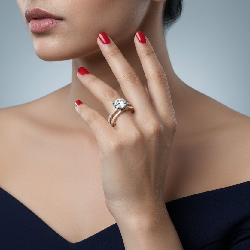 Generated fresh variation - Indian female model wearing the two-tone yellow gold and white gold split double-band solitaire ring, three-quarter profile side angle cool silver backlit lighting on pale grey background showcasing the dramatic open split band architecture