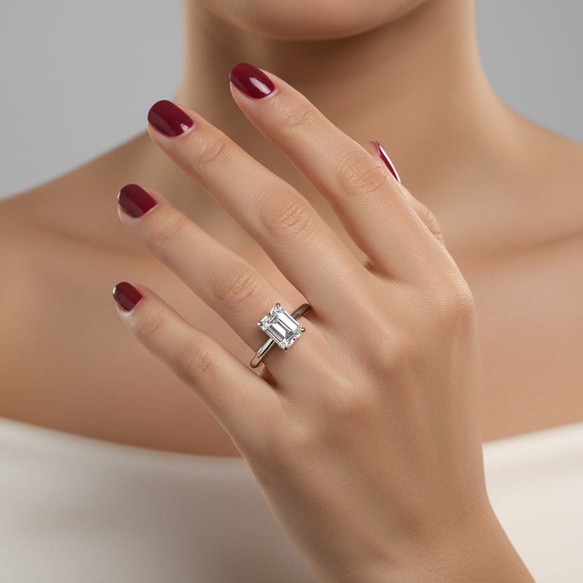 Generated fresh variation - Indian female model wearing the white gold emerald-cut diamond solitaire ring, direct face-on top-down angle cool silver backlit lighting on pale grey background with midnight blue silk styling