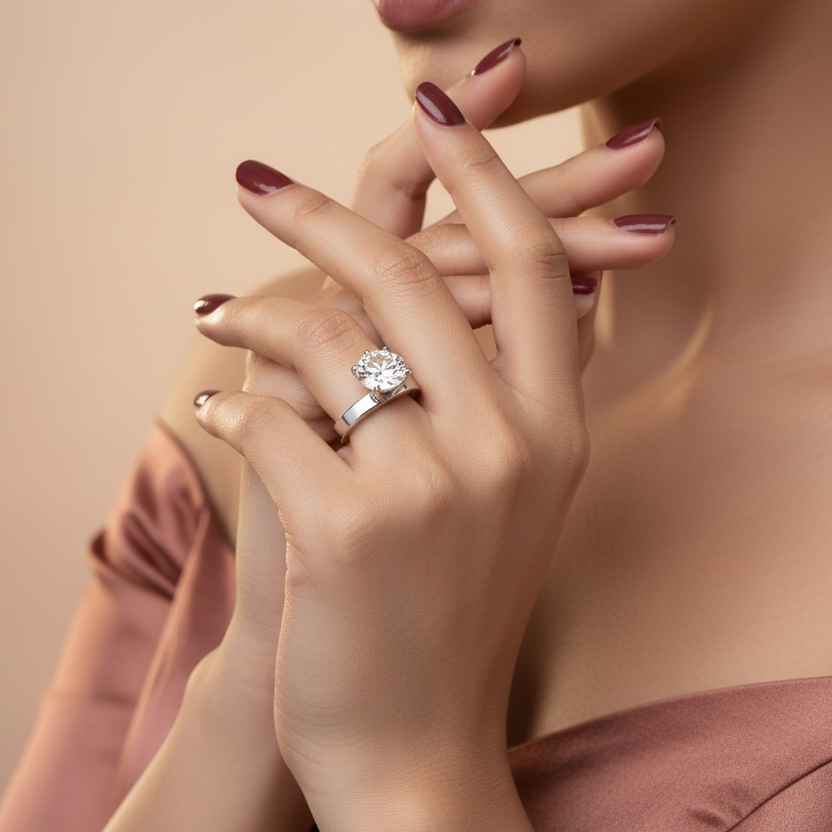 Generated fresh variation - Indian female model wearing the white gold four-claw round brilliant diamond solitaire with bold flat-sided comfort-fit shank, three-quarter side angle cool backlit lighting on champagne background with rose gold Indian bridal styling
