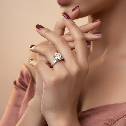 Generated fresh variation - Indian female model wearing the white gold four-claw round brilliant diamond solitaire with bold flat-sided comfort-fit shank, three-quarter side angle cool backlit lighting on champagne background with rose gold Indian bridal styling