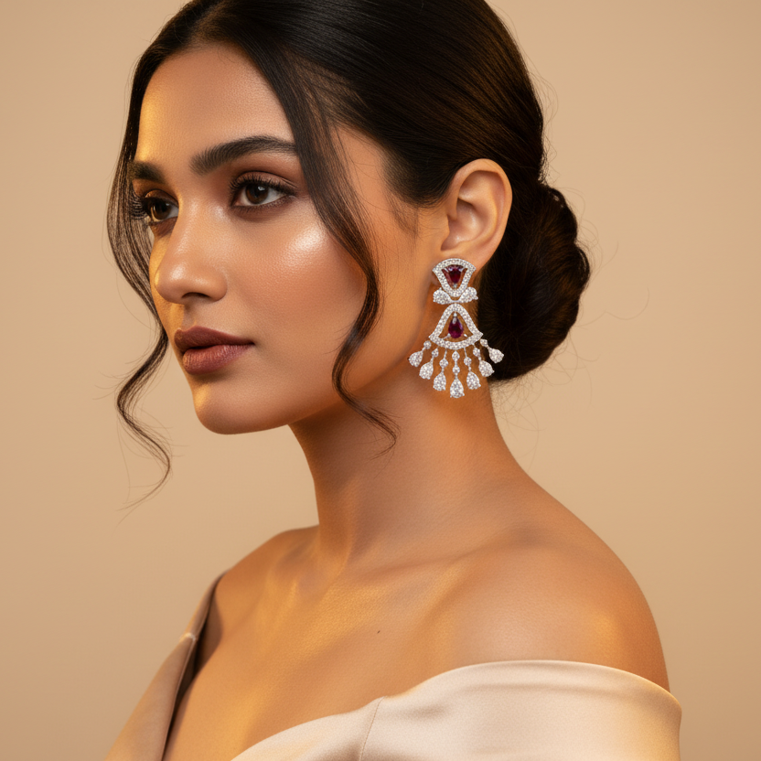 Generated fresh variation - Indian female model wearing the white gold ruby and diamond double fan chandelier earrings in very small size, three-quarter side angle warm golden backlit lighting on champagne background with contemporary ivory styling