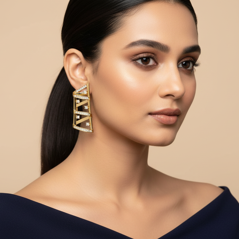 Generated fresh variation - Indian female model wearing the yellow gold architectural ladder geometric diamond earrings in very small size, three-quarter angle warm golden backlit lighting on champagne background with sleek contemporary styling