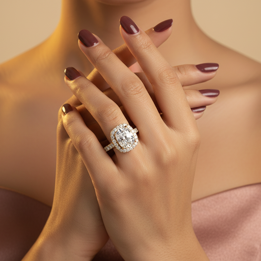 Generated fresh variation - Indian female model wearing the yellow gold cushion-cut diamond halo engagement ring with graduating large round brilliant diamond shank, direct face-on angle warm golden backlit lighting on champagne background with rich Indian bridal styling