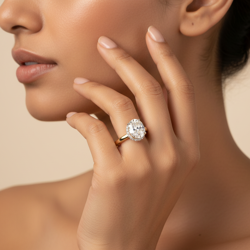 Generated fresh variation - Indian female model wearing the yellow gold east-west oval brilliant solitaire engagement ring with hidden micro-pavé halo under-gallery, warm golden hour side profile shot on champagne background