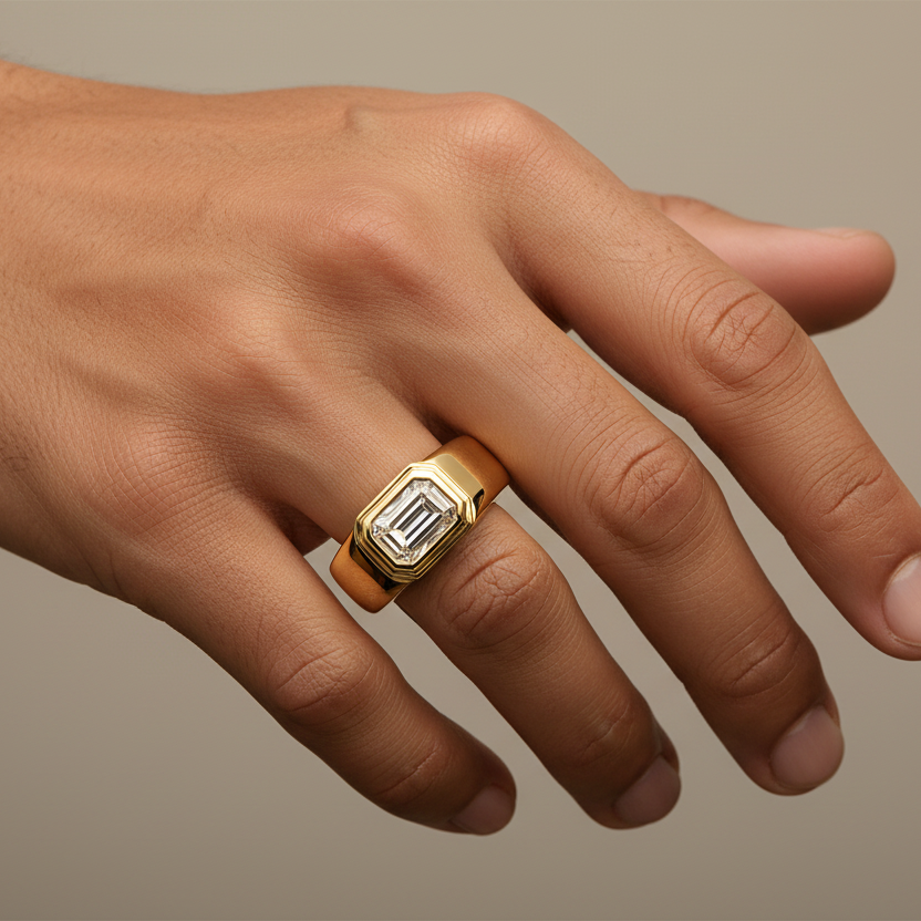 Generated fresh variation - Indian male model wearing the yellow gold double-step bezel emerald-cut diamond signet ring, top-down overhead angle with warm golden hour backlit lighting on champagne background