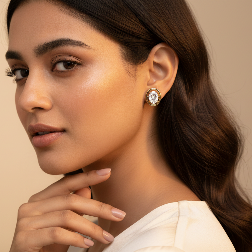 Generated fresh warm lifestyle variation - beautiful Indian female model wearing the yellow gold oval-cut diamond solitaire stud earrings with open oval frame halo, warm golden hour light on champagne background with soft romantic waves hairstyle falling over one shoulder beautifully exposing the earring
