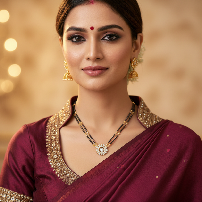 Woman in a maroon saree with gold jewelry against a warm, blurred background
