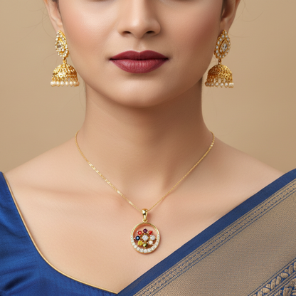 Woman wearing gold jewelry including earrings and a necklace on a beige background