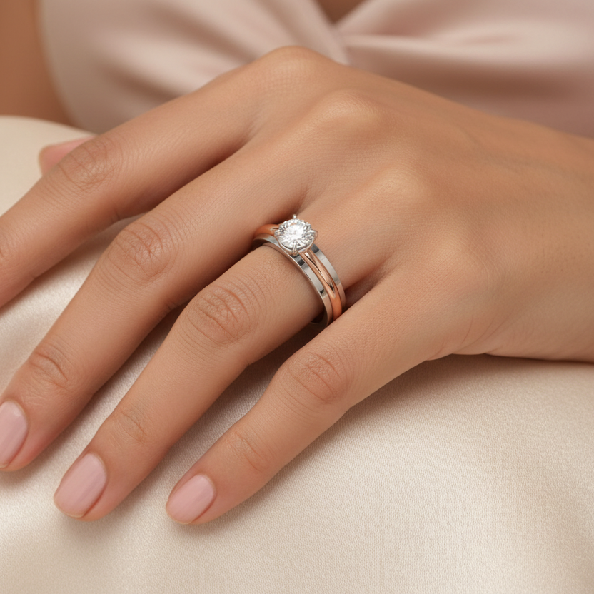 Generated image of a beautiful Indian female model wearing the two-tone rose gold and white gold round brilliant diamond four-claw solitaire engagement ring with large round brilliant diamond blazing with extraordinary icy fire in white gold four-claw setting on a spectacular wide two-tone shank with bold rose gold centre stripe running between two smooth white gold outer rails creating a beautiful warm-cool colour-blocked architectural design