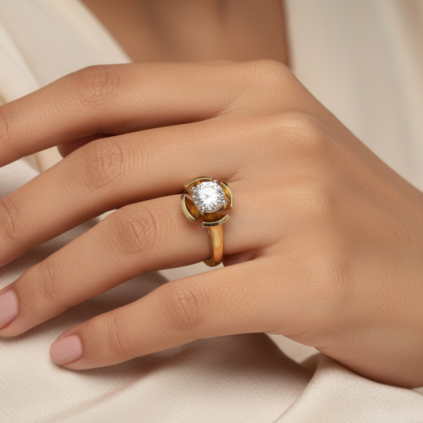 Generated image of a beautiful Indian female model wearing the two-tone yellow gold and white gold round brilliant diamond lotus flower solitaire engagement ring with large round brilliant diamond in white gold four-claw setting cradled within a spectacular yellow gold lotus flower crescent moon architectural frame on a smooth wide plain yellow gold shank