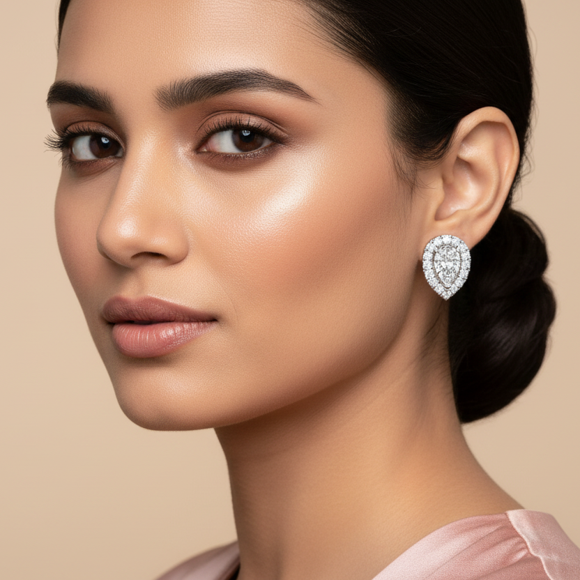Woman wearing a diamond earring against a beige background