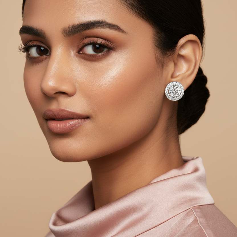 Woman wearing a pair of silver earrings against a beige background