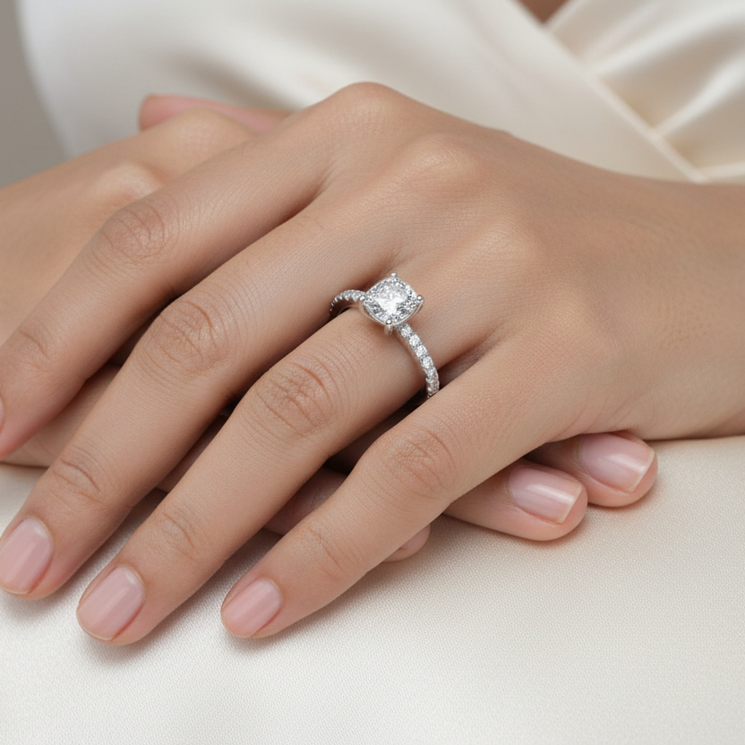 Generated image of a beautiful Indian female model wearing the white gold cushion-cut diamond pavé engagement ring with very large cushion-cut diamond centre in four-claw low-profile setting and spectacular continuous single row pavé diamond shank running all the way along both shoulders and around the full circumference of the band