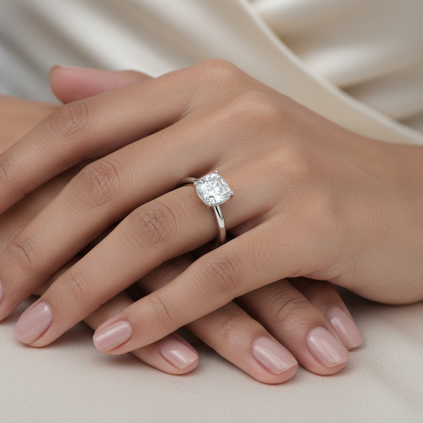 Generated image of a beautiful Indian female model wearing the white gold cushion-cut diamond solitaire engagement ring with very large cushion-cut diamond centre in elegant four-claw setting on a smooth wide plain white gold shank — the ultimate pure and timeless classic solitaire