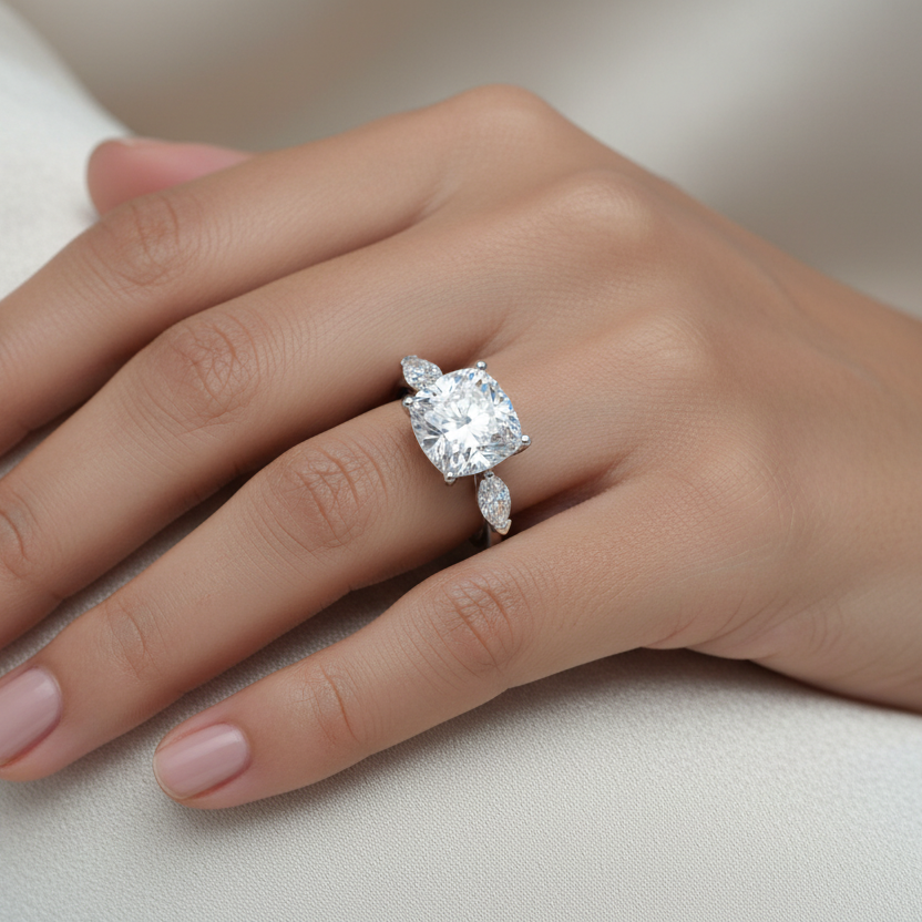 Generated image of a beautiful Indian female model wearing the white gold cushion-cut diamond trilogy engagement ring with very large cushion-cut diamond centre in four-claw setting flanked by two elegant horizontally oriented marquise-cut diamond side stones creating a beautiful botanical leaf art deco-inspired three-stone silhouette on a smooth slim plain white gold shank