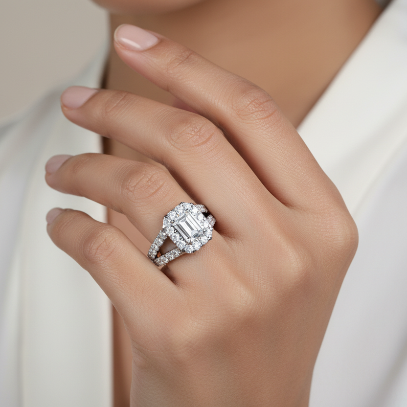 Close-up of a hand wearing a diamond ring with a neutral background