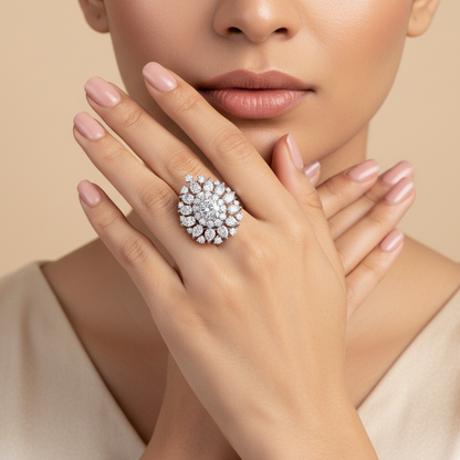 Woman wearing a sparkling diamond ring on a beige background