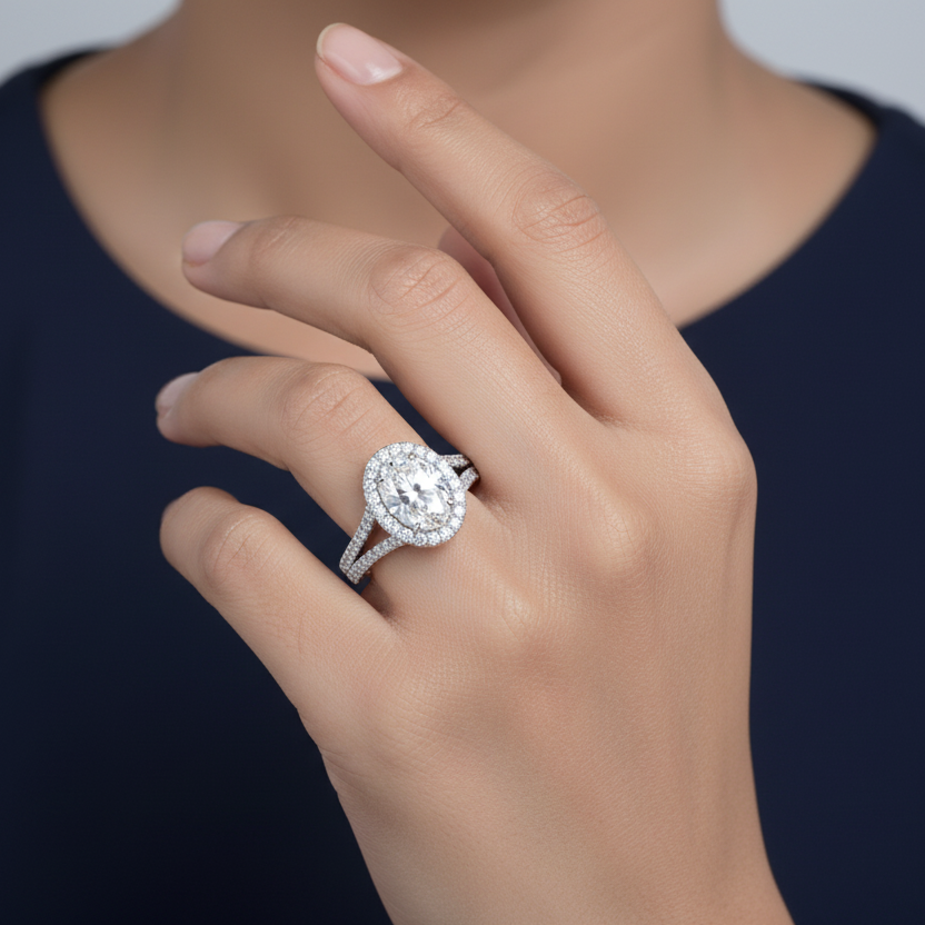 Generated image of a beautiful Indian female model wearing the white gold oval-cut diamond halo engagement ring with spectacular complete round brilliant pavé diamond halo and elegant split double pavé diamond shank with two parallel pavé rails on each shoulder creating beautiful open window split shank