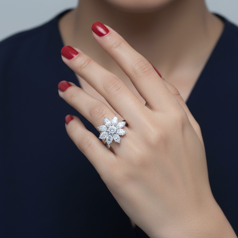 Generated image of a beautiful Indian female model wearing the white gold pear-cut diamond snowflake starburst cocktail ring with small round brilliant centre diamond surrounded by eight large pear-cut diamonds radiating outward with pointed tips converging toward the centre and rounded bases fanning outward in a beautiful symmetrical snowflake daisy petal silhouette on a smooth wide plain white gold shank