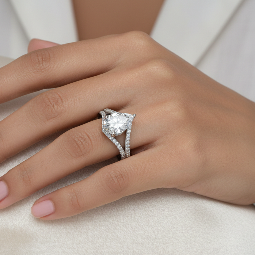 Hand wearing a diamond ring on a neutral background