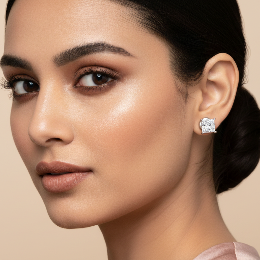 Close-up of a woman wearing diamond earrings against a beige background