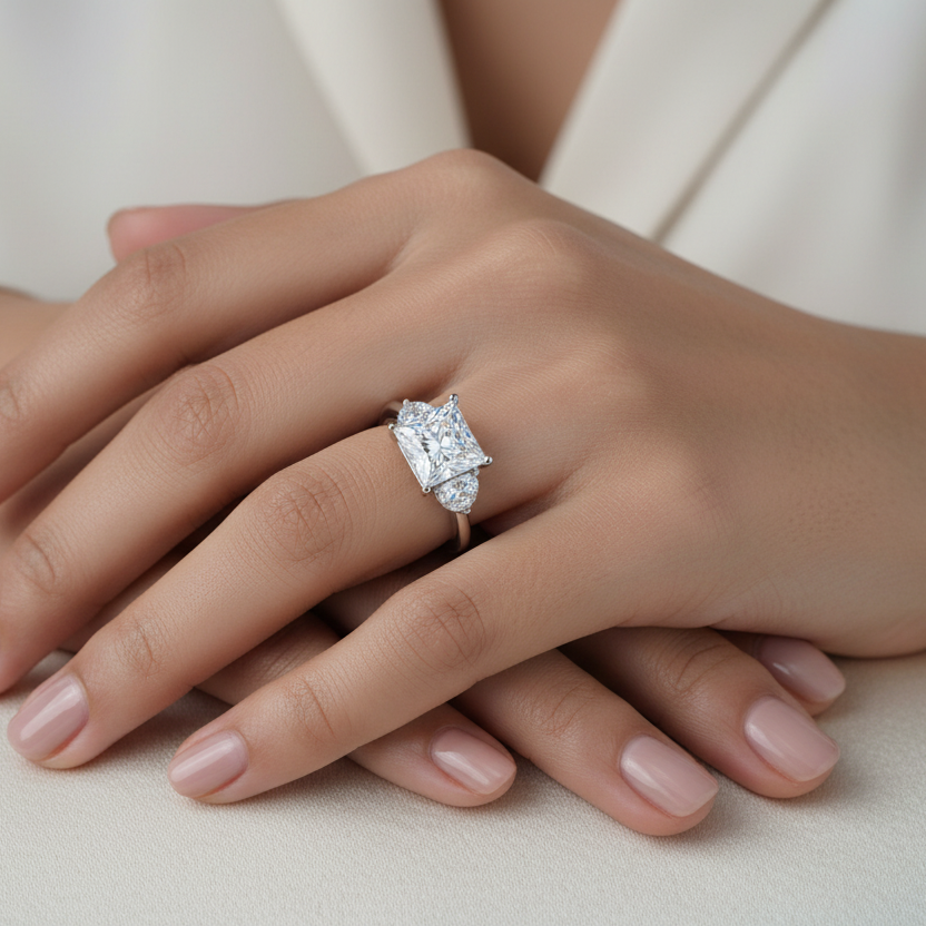 Generated image of a beautiful Indian female model wearing the white gold princess-cut diamond trilogy engagement ring with very large princess-cut diamond centre flanked by two substantial half-moon diamond side stones with straight flat edges nestling perfectly flush against the flat sides of the princess centre creating a beautiful seamless geometric three-stone silhouette on a smooth wide plain white gold shank