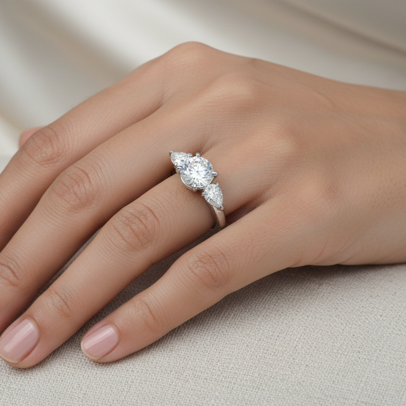 Generated image of a beautiful Indian female model wearing the white gold round brilliant and pear-cut diamond trilogy engagement ring with very large round brilliant centre diamond flanked by two substantial pear-cut diamond side stones with rounded bases nestling close to the centre and pointed tips facing outward on a smooth wide plain white gold shank