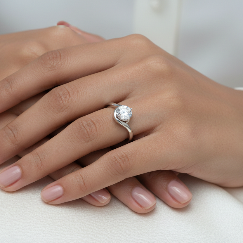 Generated image of a beautiful Indian female model wearing the white gold round brilliant diamond bypass solitaire engagement ring with large round brilliant diamond blazing with extraordinary icy fire in four-claw setting cradled within a beautiful sculptural sweeping bypass shank with two smooth wide white gold arms curving gracefully around and beneath the diamond setting in a beautiful dynamic flowing silhouette