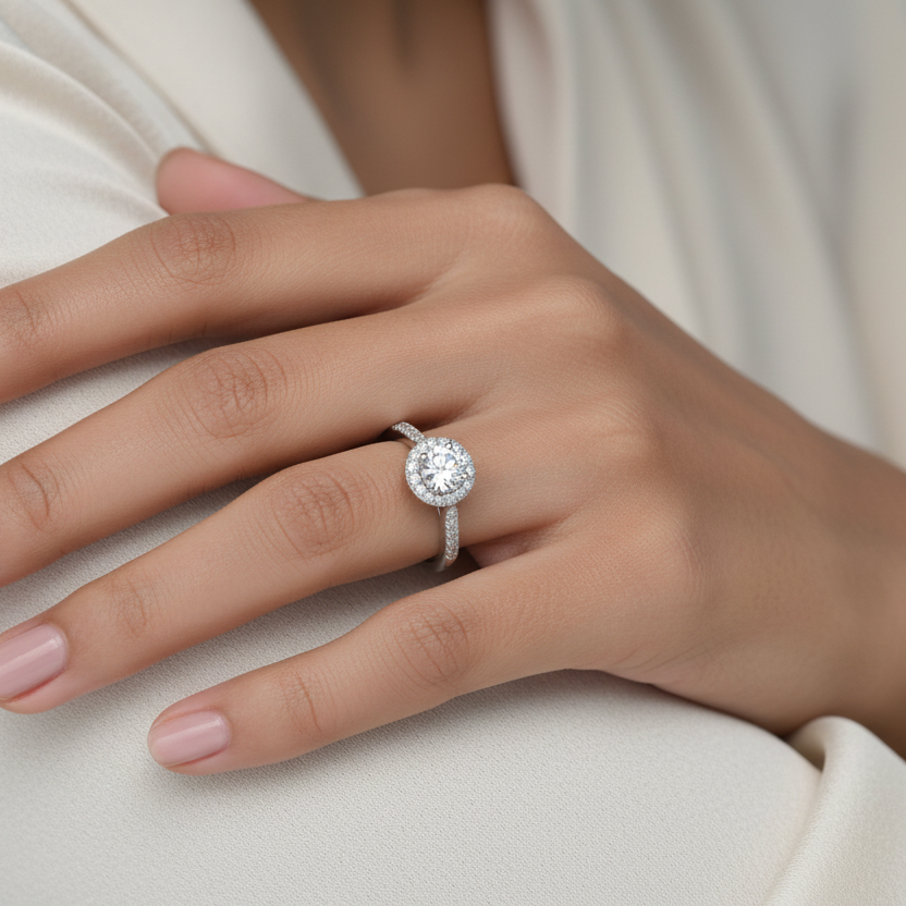 Generated image of a beautiful Indian female model wearing the white gold round brilliant diamond double halo engagement ring with round brilliant centre diamond surrounded by spectacular double concentric circular pavé diamond halo and beautiful pavé diamond shoulders running along both sides of the shank all blazing simultaneously with extraordinary icy white fire and scintillation