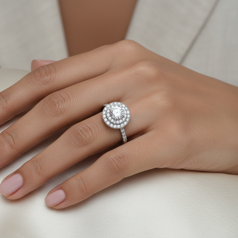 Generated image of a beautiful Indian female model wearing the white gold round brilliant diamond double halo engagement ring with spectacular large double concentric circular pavé halo surrounding the round brilliant centre diamond and beautiful pavé diamond shoulders running along both sides of the shank all blazing simultaneously with extraordinary icy white brilliance