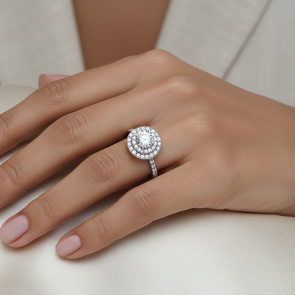 Generated image of a beautiful Indian female model wearing the white gold round brilliant diamond double halo engagement ring with spectacular large double concentric circular pavé halo surrounding the round brilliant centre diamond and beautiful pavé diamond shoulders running along both sides of the shank all blazing simultaneously with extraordinary icy white brilliance