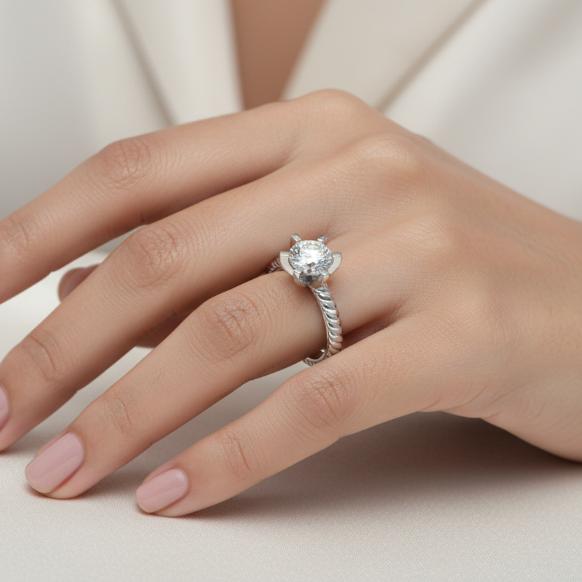 Generated image of a beautiful Indian female model wearing the white gold round brilliant diamond eight-claw solitaire engagement ring with large round brilliant diamond blazing with extraordinary icy fire within the bold eight-claw crown setting on a spectacular twisted rope-textured white gold shank with beautiful diagonal ridges and valleys catching the light with extraordinary cool silver-white sparkle and texture