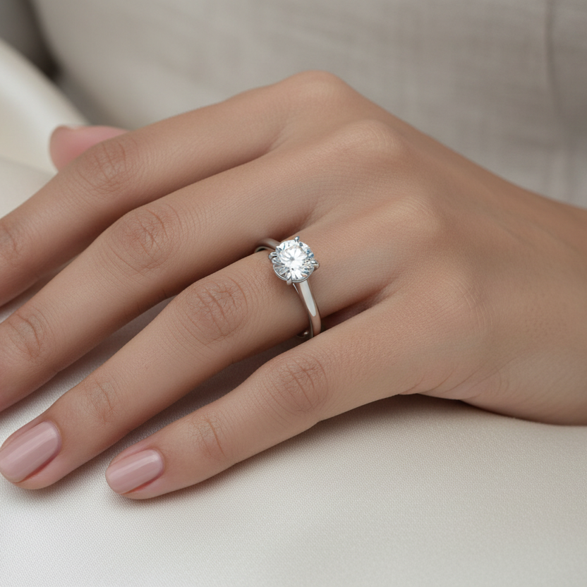 Generated image of a beautiful Indian female model wearing the white gold round brilliant diamond four-claw cathedral solitaire engagement ring — the ultimate classic Tiffany-style solitaire with very large round brilliant diamond blazing with extraordinary icy white fire and rainbow scintillation in its elegant four-claw setting elevated high and proud on a smooth plain tapered white gold cathedral shank with beautiful graceful cathedral arch shoulders