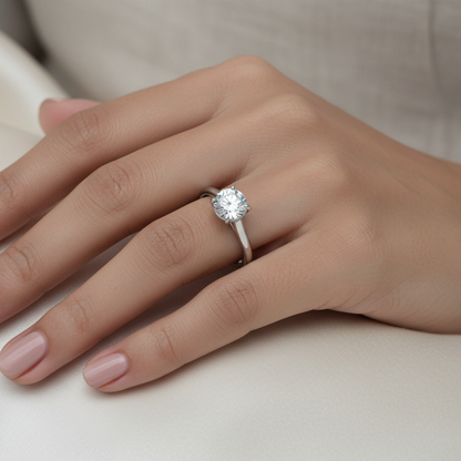 Generated image of a beautiful Indian female model wearing the white gold round brilliant diamond four-claw cathedral solitaire engagement ring — the ultimate classic Tiffany-style solitaire with very large round brilliant diamond blazing with extraordinary icy white fire and rainbow scintillation in its elegant four-claw setting elevated high and proud on a smooth plain tapered white gold cathedral shank with beautiful graceful cathedral arch shoulders