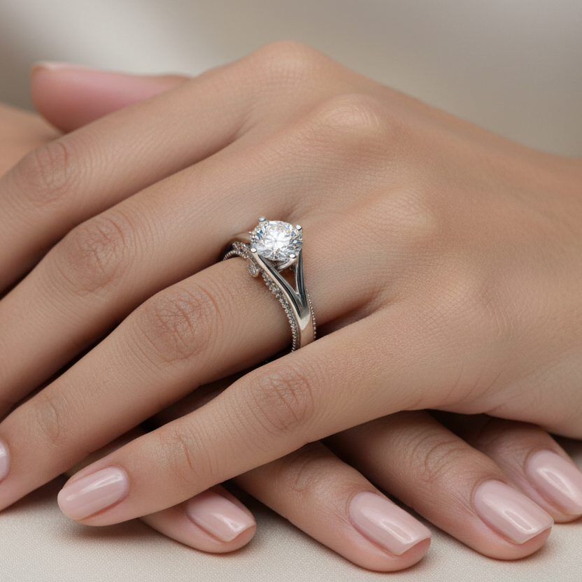 Close-up of a hand wearing a diamond ring on a neutral background