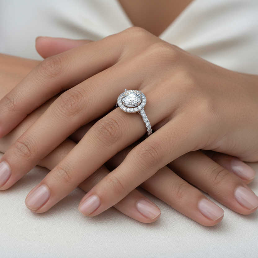 Generated image of a beautiful Indian female model wearing the white gold round brilliant diamond halo engagement ring with very large round brilliant centre diamond in four-claw setting surrounded by spectacular complete circular pavé diamond halo and beautiful single row pavé diamond shoulders running along both sides of the shank