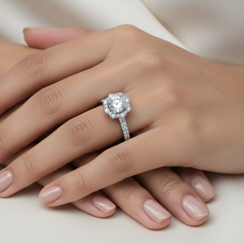 Generated image of a beautiful Indian female model wearing the white gold round brilliant diamond scalloped floral halo engagement ring with large round brilliant centre diamond surrounded by spectacular scalloped floral pavé diamond halo with beautiful organic scalloped outline and pavé diamond shoulders running along both sides of the shank all blazing simultaneously with extraordinary icy white fire and scintillation
