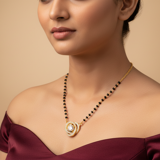 Generated image of a beautiful Indian female model wearing the yellow gold diamond mangalsutra with traditional black bead chain and spectacular swirling love-knot pendant featuring large round brilliant diamond centre surrounded by double swirl pavé diamond halo