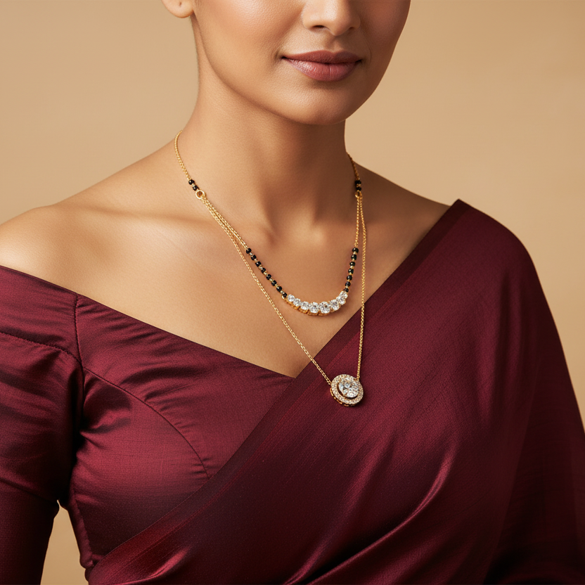 Generated image of a beautiful Indian female model wearing the yellow gold double-layer diamond mangalsutra with traditional black bead chain and graduating round brilliant diamond bar pendant layered with fine gold chain and spectacular round brilliant diamond halo pendant
