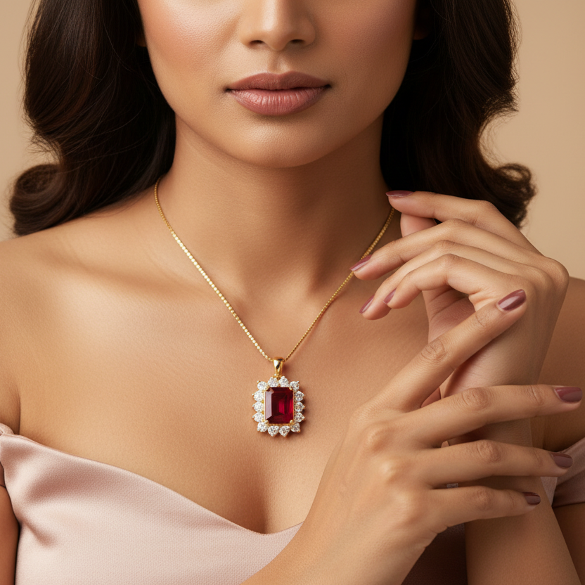 Generated image of a beautiful Indian female model wearing the yellow gold emerald-cut deep red ruby pendant with spectacular oversized scattered round brilliant diamond sunburst halo on a delicate yellow gold box chain at her collarbone