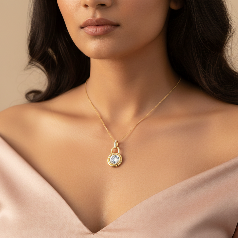 Generated image of a beautiful Indian female model wearing the yellow gold round brilliant diamond bezel-set padlock pendant with pavé diamond bail on a delicate slim yellow gold chain at her collarbone, warm golden hour light on champagne background with open neckline ivory silk outfit and soft romantic waves hairstyle