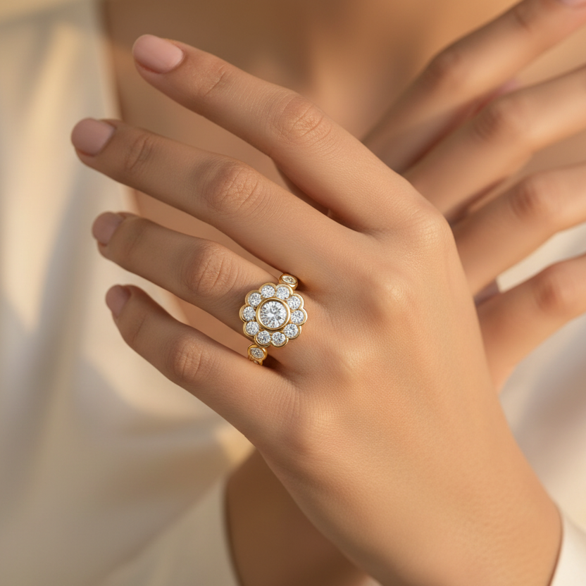 Generated image of a beautiful Indian female model wearing the yellow gold round brilliant diamond floral halo cocktail ring with round brilliant centre diamond in smooth yellow gold bezel surrounded by spectacular scalloped floral halo of large round brilliant diamonds within beautiful rounded scallop petal yellow gold frame and bezel-set round brilliant shoulder diamonds running along both sides of the shank all blazing simultaneously with extraordinary icy white fire and warm golden glow