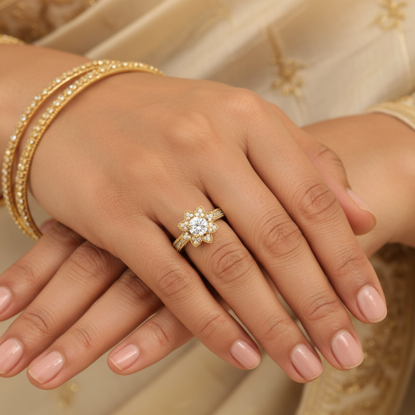 Close-up of a hand wearing a diamond ring with gold bangles on a beige fabric background