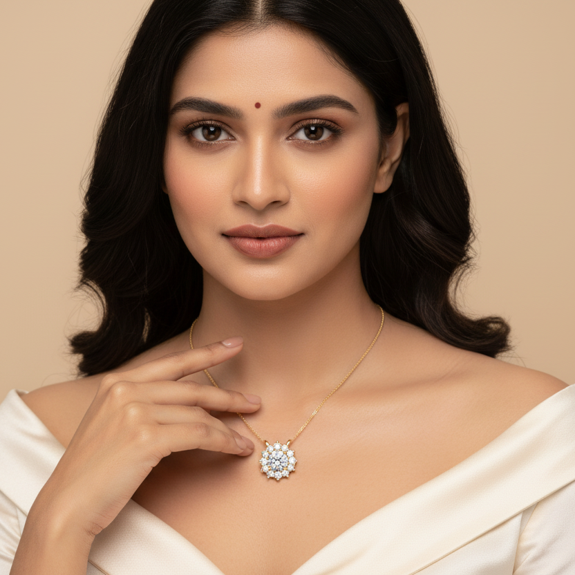 Generated image of a beautiful Indian female model wearing the yellow gold round brilliant diamond sunburst halo pendant with very large round brilliant centre diamond completely surrounded by a spectacular single row of large round brilliant diamonds in a tight continuous sunburst halo on a delicate slim yellow gold chain at her collarbone