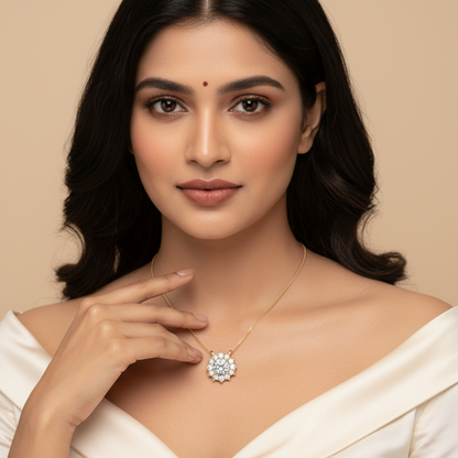Generated image of a beautiful Indian female model wearing the yellow gold round brilliant diamond sunburst halo pendant with very large round brilliant centre diamond completely surrounded by a spectacular single row of large round brilliant diamonds in a tight continuous sunburst halo on a delicate slim yellow gold chain at her collarbone
