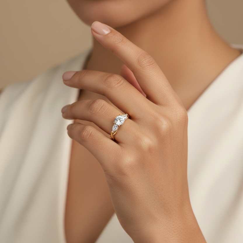 Generated image of a beautiful Indian female model wearing the yellow gold three-stone diamond engagement ring with large round brilliant centre, two pear-cut diamond side stones and spectacular twisted infinity braid shank