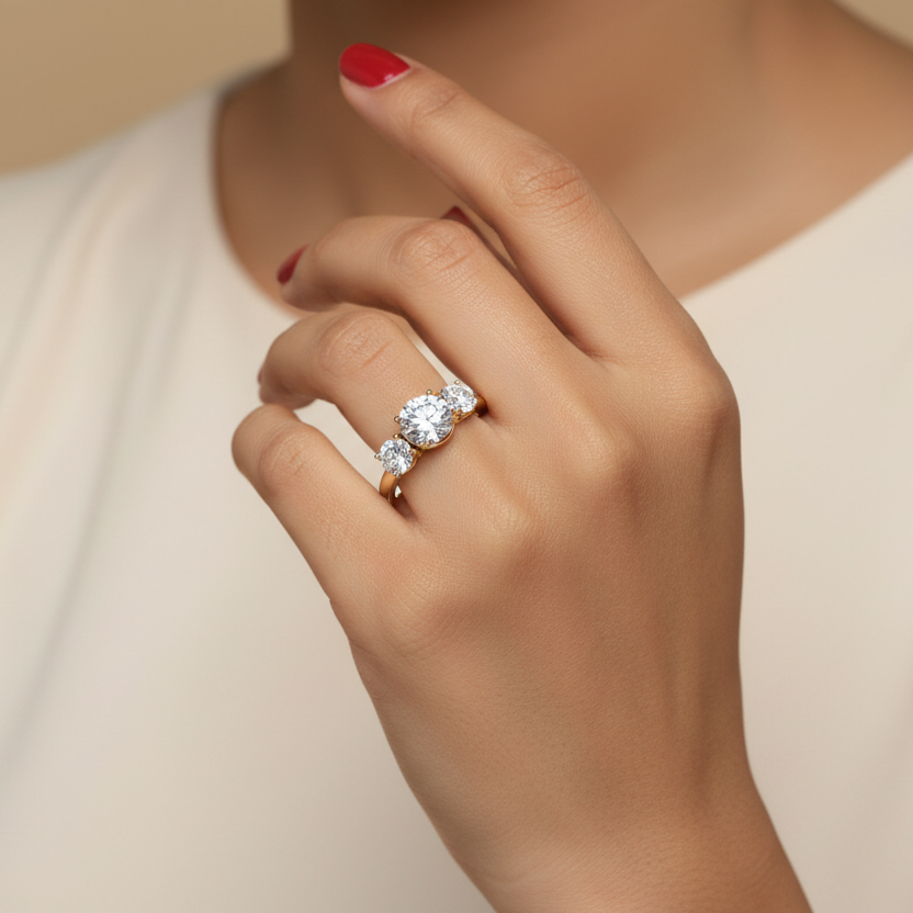 Generated image of a beautiful Indian female model wearing the yellow gold three-stone round brilliant diamond trilogy engagement ring with large round brilliant centre, two substantial round brilliant side stones in shared-claw setting and smooth domed plain comfort-fit yellow gold shank